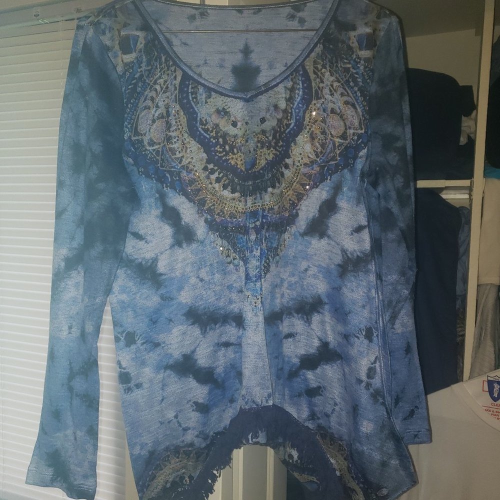 Gold Beaded Navy Top with Fringe Bottom Size L